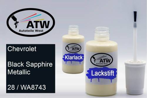 Chevrolet, Black Sapphire Metallic, 28 / WA8743: 20ml Lackstift + 20ml Klarlack - Set, von ATW Autoteile West.